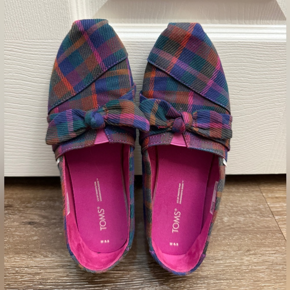 TOMS Women's Alpargata Dark Fuschia Plaid Bow Loafer Flats, Size 8.5 - Picture 6 of 6
